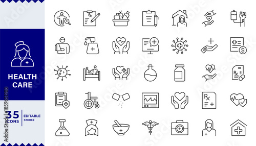 Pixel Perfect, Healthcare line icon set. Medicine, medical service, health, care, doctor, hospital, patient, treatment, sick, medical equipment, doctor, lab, virus, Outline icon in linear style.