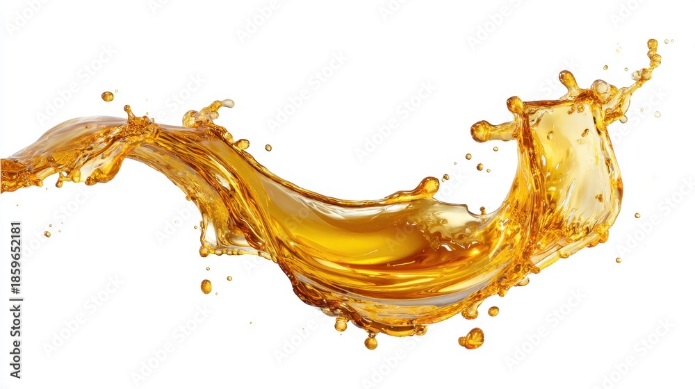 Fototapeta premium A splash of liquid in a golden color moves through the air with curved forms. The scene shows the fluid energy as it flows and disperses against a plain backdrop.