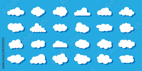 Cloud shapes vary in size and form. Simple cloud design for weather or sky themes. Abstract vector Blue cloud silhouette collection in cute flat cartoon style for web background. Blue cloud collection