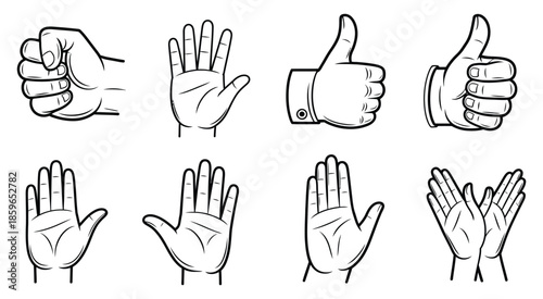 Hand gestures vector artwork with black and white outlines, including fist, thumbs up, and open hands, ideal for digital design, social media, and communication symbols.