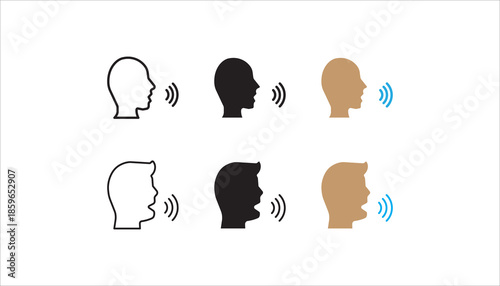 thin line head like voice command icon set, concept of girl or boy singing or speaking and control technology.