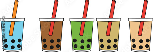 Bubble tea drink vector set featuring colorful milk tea cups with tapioca pearls and straws, perfect for cafe menus, food branding, and beverage designs