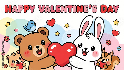 Animated bear and rabbit holding heart for Valentine's Day celebration  
