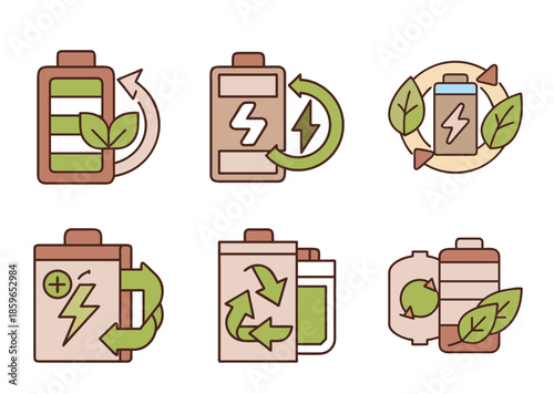 Ecofriendly battery icons showing sustainability, recycling and renewable energy sources
