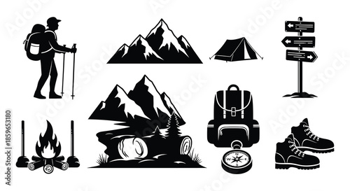 Silhouettes of hikers walking with backpacks in mountainous landscapes