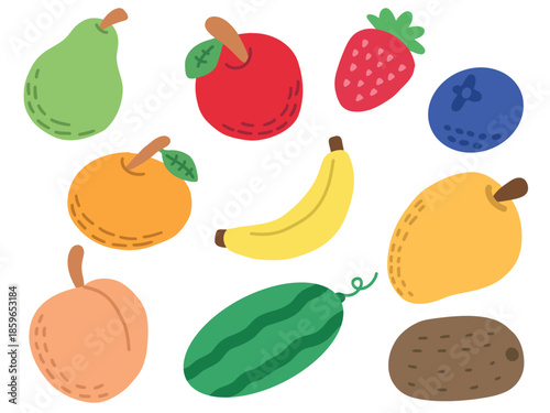 Collection of colorful stylized Hand Drawn fruit illustrations. Vector Illustration.