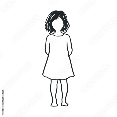 Little girl wearing a dress standing with hands behind back. Vector illustration