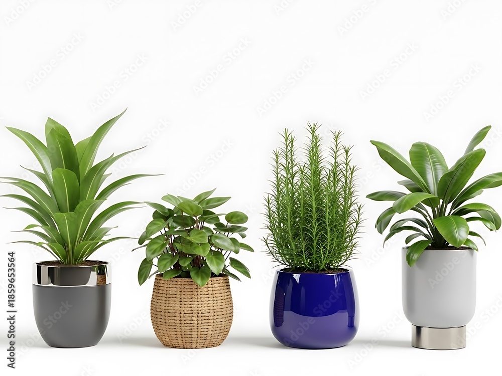 Obraz premium Four Potted Plants in Different Containers on White Background indoor plants green leaves 1