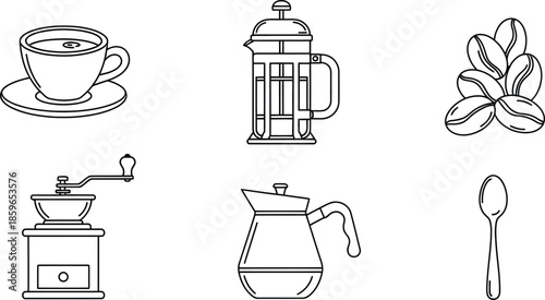 Line art vector set of 6 coffee icons espresso cup french press beans grinder pot and spoon