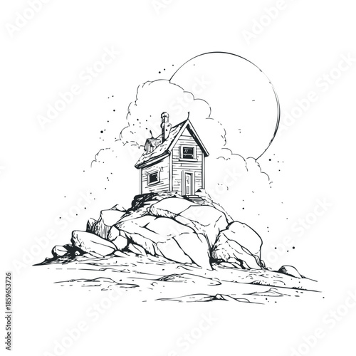 Cozy cottage on rocky terrain with a moonlit sky. Vector illustration