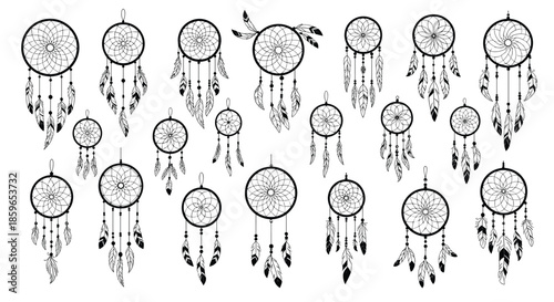 Collection of hand-drawn black and white dreamcatchers with intricate webs feathers and beads in a spiritual bohemian vector illustration set.