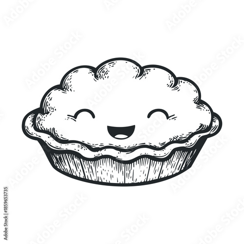 Happy pie character with smiling face and fluffy crust for fun designs. Vector illustration