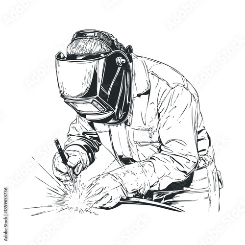 Welding craftsman working on metal construction in workshop. Vector illustration