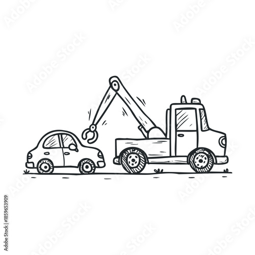 Tow truck assisting a broken car on the roadside. Vector illustration