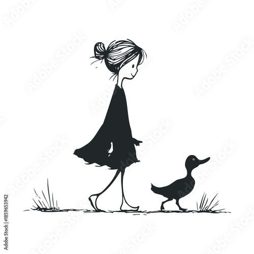 Girl walking with a duck in a simple and playful setting. Vector illustration