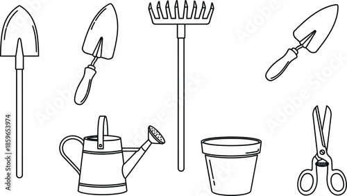 Line art vector set of 6 garden tools shovel rake trowel watering can plant pot and shears