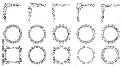 Collection of hand-drawn vintage frames and corners with elegant calligraphic swirls and flourishes in circular and square decorative shapes.