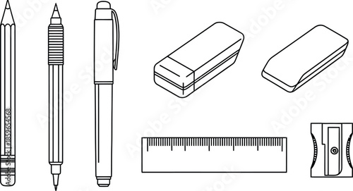 Line art vector set of 6 writing tools pencil pen marker eraser ruler and sharpener