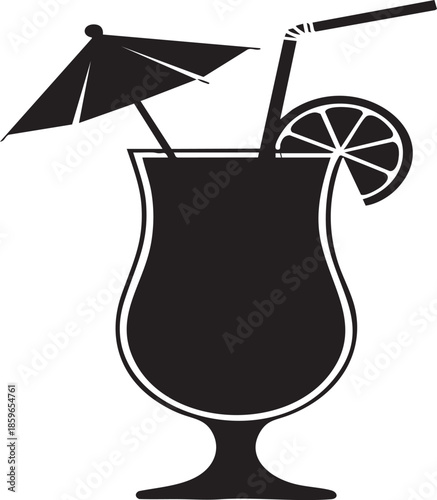 A dark silhouette of a cocktail glass with umbrella, straw and lemon on a white background, symbolizing refreshing summer drinks and relaxation