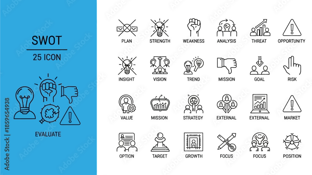 Naklejka premium SWOT Analysis Business Strategy Planning Icons and Symbols