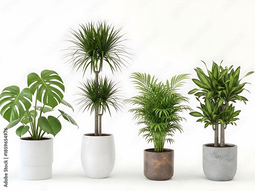Fototapeta premium Four Potted Plants in Different Containers on White Background indoor plants white pot