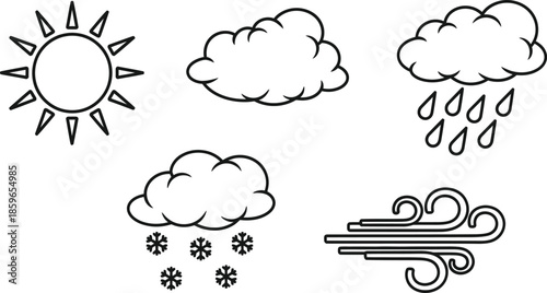 Outline illustration set of 5 weather symbols sun cloud rain snow and wind