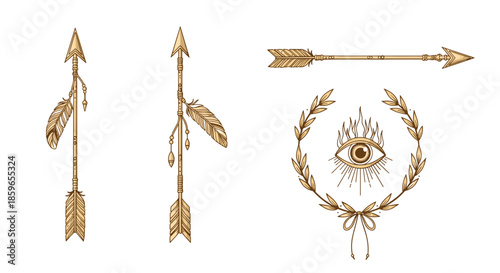 Bohemian collection with hand-drawn feathered arrows and a mystical all-seeing eye within a laurel wreath for spiritual and tribal designs.