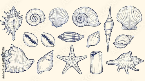 A charming collection of hand-drawn seashells and marine treasures, showcasing various ocean forms in an antique engraved style, perfect for nautical and beach-themed designs