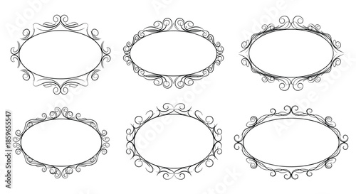 Set of six hand-drawn oval frames with elegant vintage swirls and flourishes providing decorative borders for classic and romantic designs.