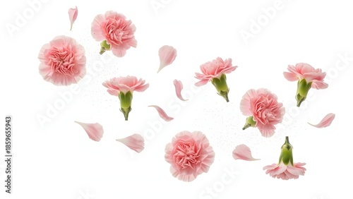 Pink carnation flowers and individual petals falling and floating dynamically across a pure white background representing spring freshness beauty and lightness