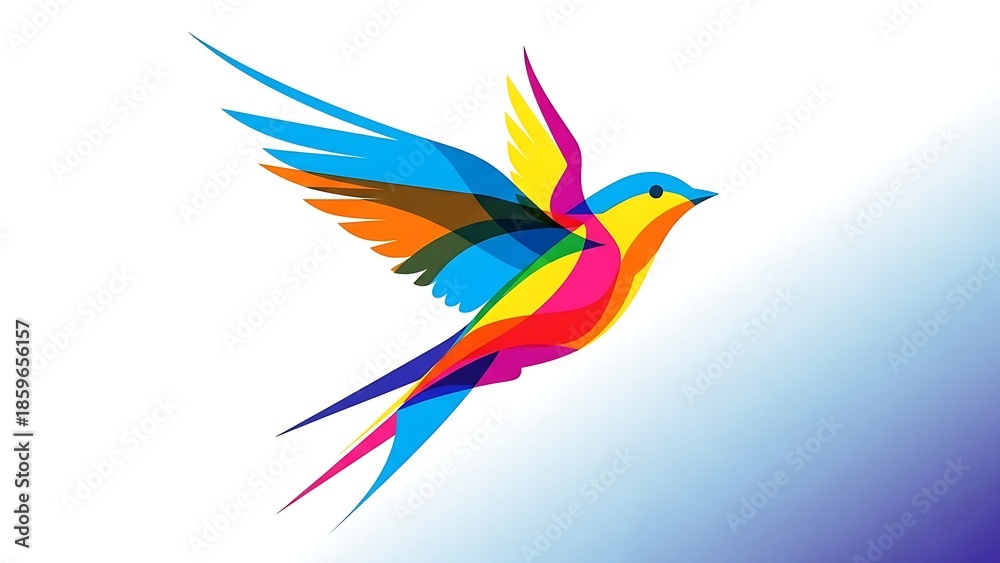 Fototapeta premium A vibrant digital illustration of a colorful stylized bird flying across a clean blue and white gradient background.