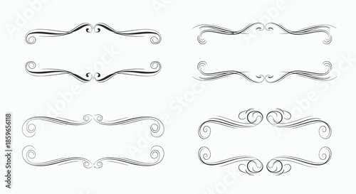 Set of four simple hand-drawn text frames with elegant swirls at the top and bottom in a vintage calligraphic sketch line style.