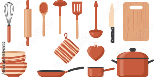 Kitchen utensil and cookware set, whisk, pan, pot, knife, cutting board, warm tones, cooking tools - flat vector illustration
