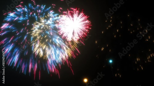A vibrant display of fireworks illuminates the night sky with bursts of red white and blue