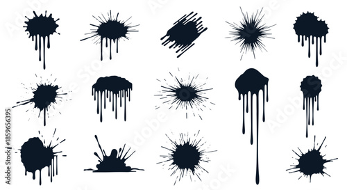 Set of black ink splatters and paint drips in various shapes and sizes providing abstract grunge elements for artistic design projects.