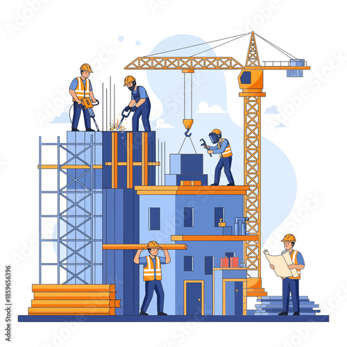 Construction Site with Workers Building a House under a Crane