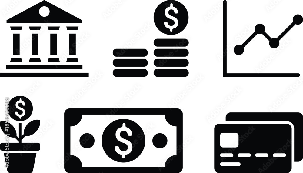 Φωτογραφία Business finance icon set including bank building money chart plant cash and cre