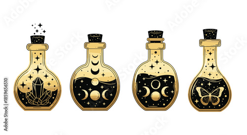 Whimsical set of four golden magic potion bottles features celestial symbols like moons stars and crystals for alchemy and witchcraft concepts.