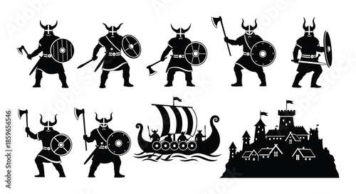 Black silhouette depictions of viking warriors with various poses and weaponry