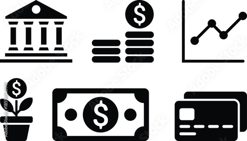 Business finance icon set including bank building money chart plant cash and credit card