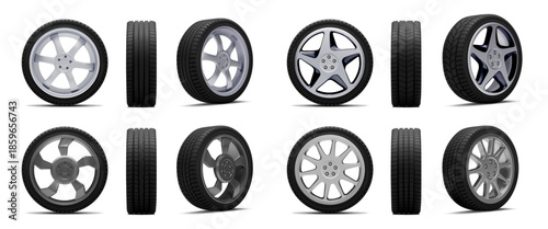 Car tires. 3D vehicle wheel tyre. White tread winter part or black summer auto texture in profile. Rubber protector front and side. Spare for automobile. Vector realistic objects set