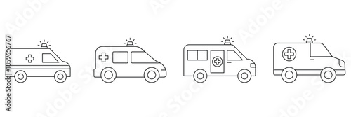 Ambulance Car Icon Set Collection with Emergency Medical Vehicle, Rescue Van and Healthcare Transport Symbols Isolated on White for Hospital and First Aid Design.eps10