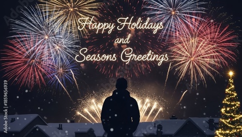 Spectacular Holiday Fireworks Display with Festive Greetings and Winter Village Scenery