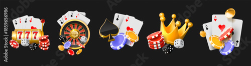 Poker icons. Casino game bonus card, 3d gold gamble logo or online roulette play. Golden crown. Dice and chips. Blackjack luck entertainment. Jackpot render glossy symbol. Vector illustration