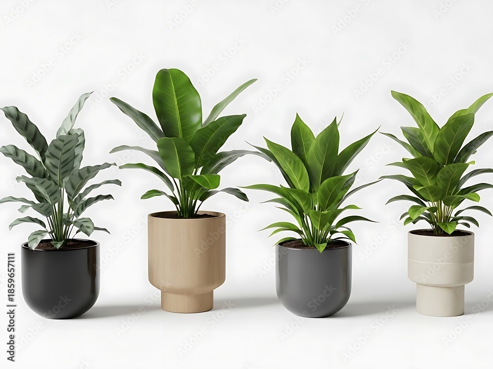 Fototapeta premium Four Green Plants in Different Colored Pots on White Background green leaves black pot