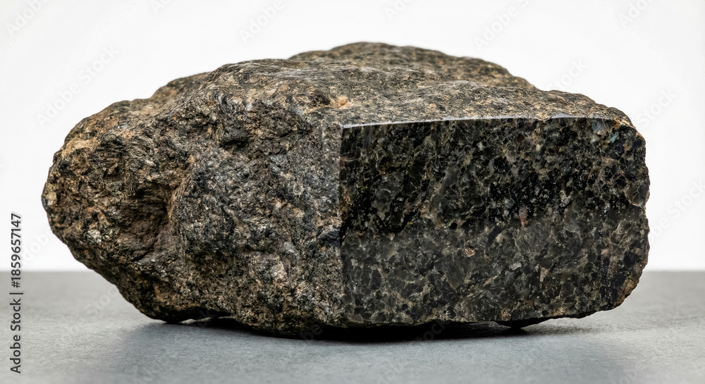 Fototapeta premium Dark lamprophyre minette rock specimen with porphyritic texture and visible mica phenocrysts.