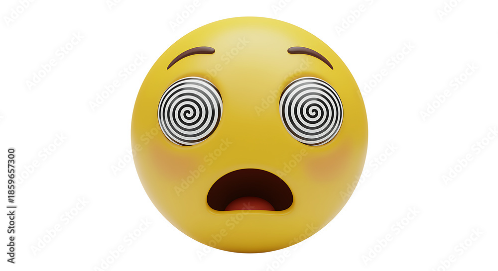 Fototapeta premium Dizzy shocked emoji face with spiral eyes showing confusion and disorientation on white background