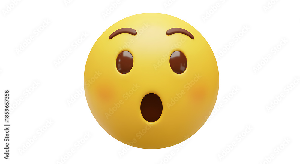 Fototapeta premium Surprised yellow emoji face with open mouth expressing shock and amazement on white background