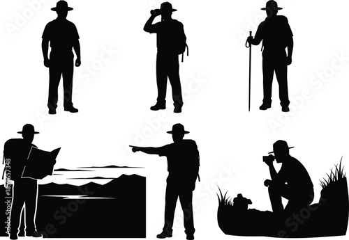 Silhouette hikers and explorers in nature, black and white outdoor activity art, navigation, observation, companionship concept illustration