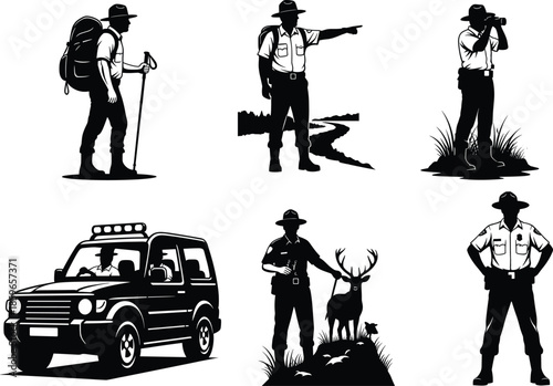 Silhouette park rangers in action, black and white forest officer art, wildlife patrol, conservation, guidance, observation concept
